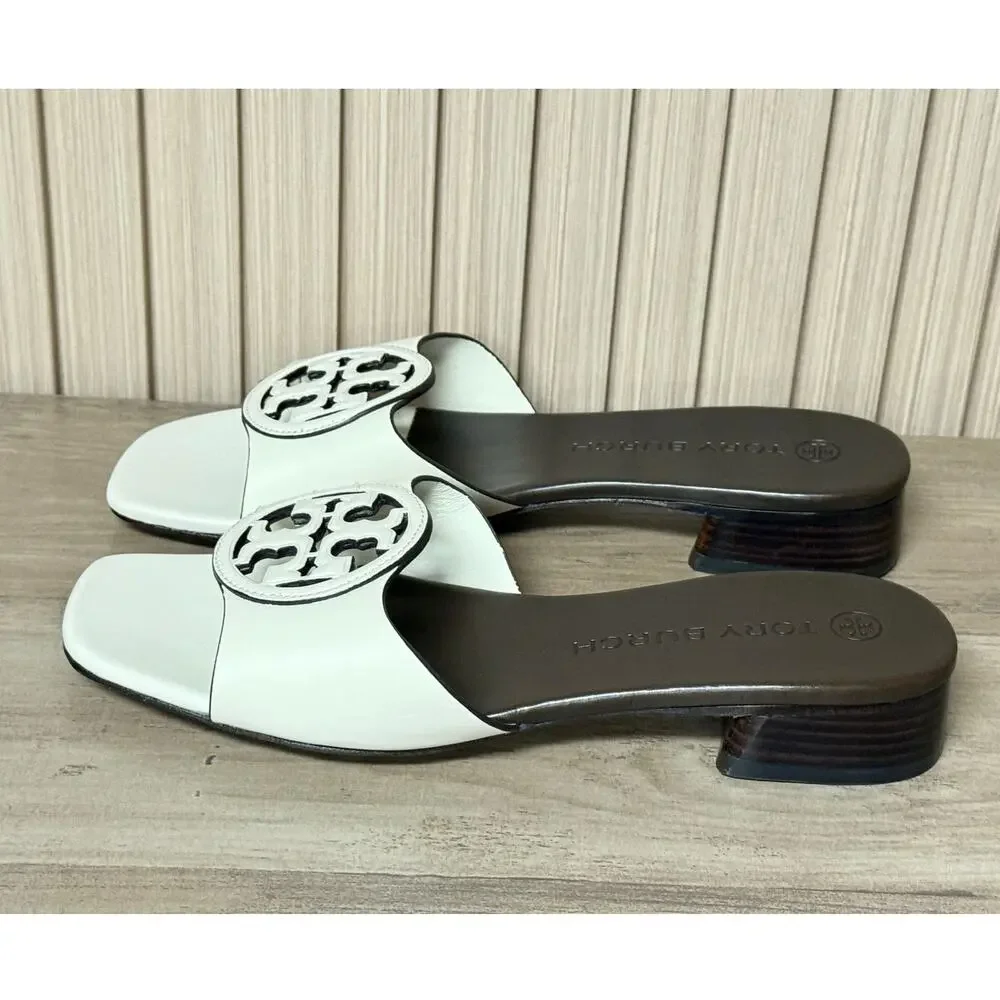 Tory Burch Women’s Bombé Miller Slide Calfskin Leather White 25mm Size 6M